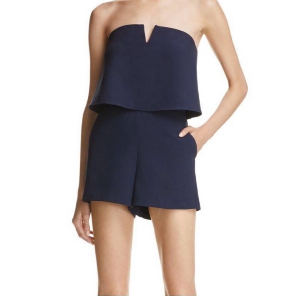 AQUA Strapless Navy Romper | Structured Overlay | Strapless V-Neck | Size L